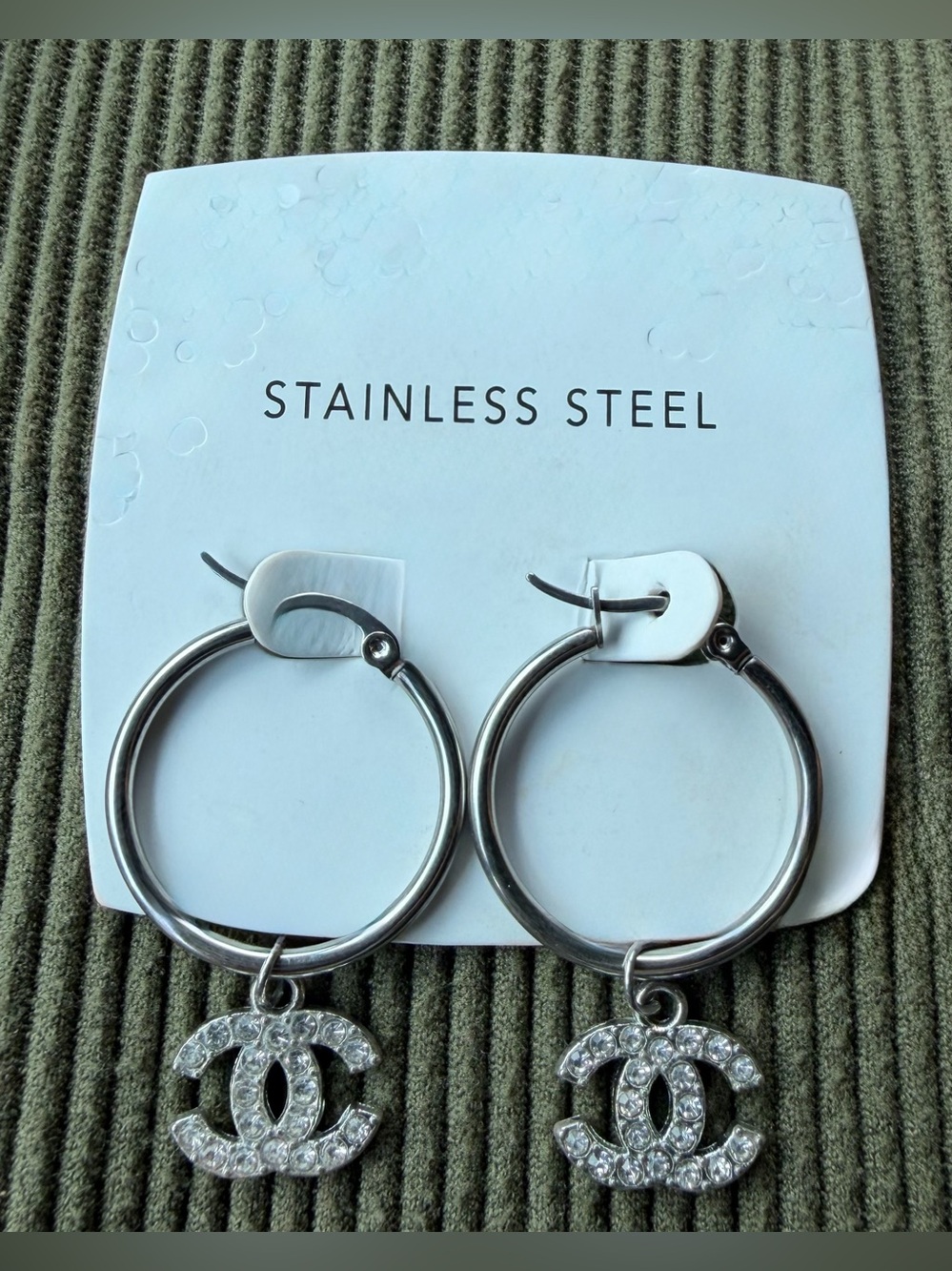 CCSilver Hoop Earrings with Crystal Logo Charm - Stainless Steel